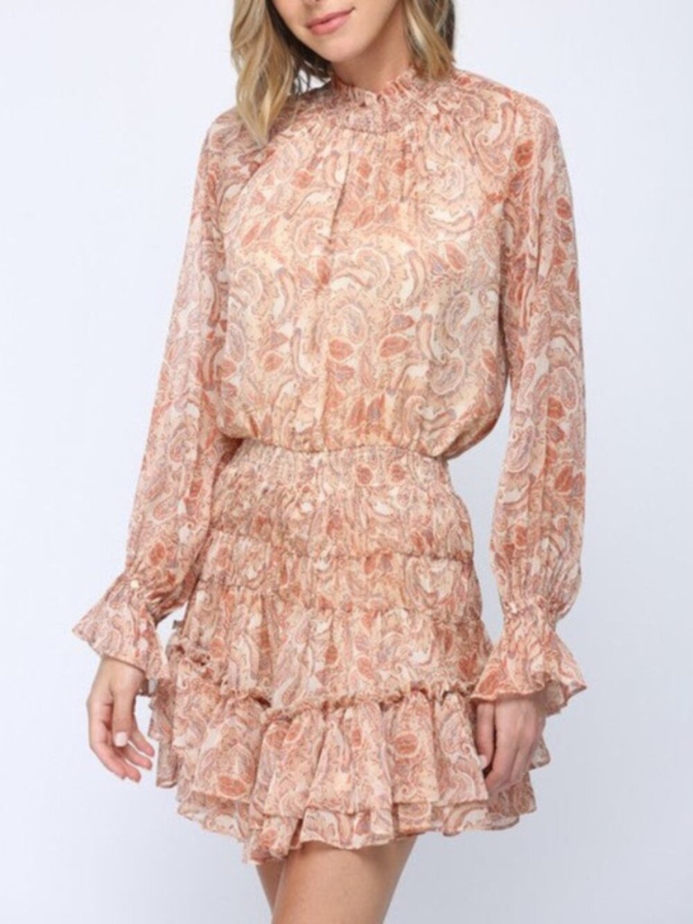 FATE Boho Paisley Print Highneck Long Sleeve Smocked Tiered Ruffle Mini Dress